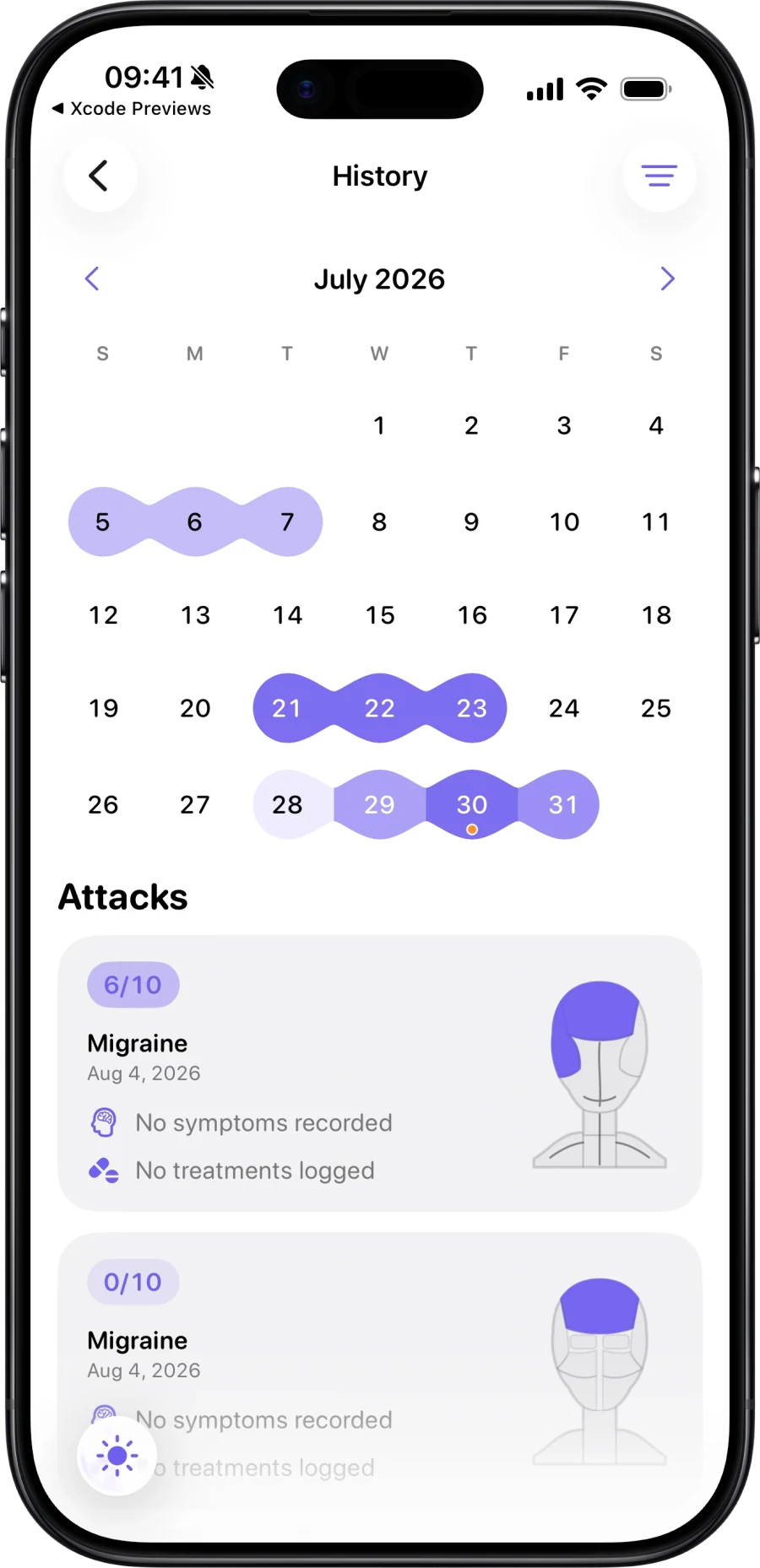 Aura History screen showing a migraine calendar and episode records