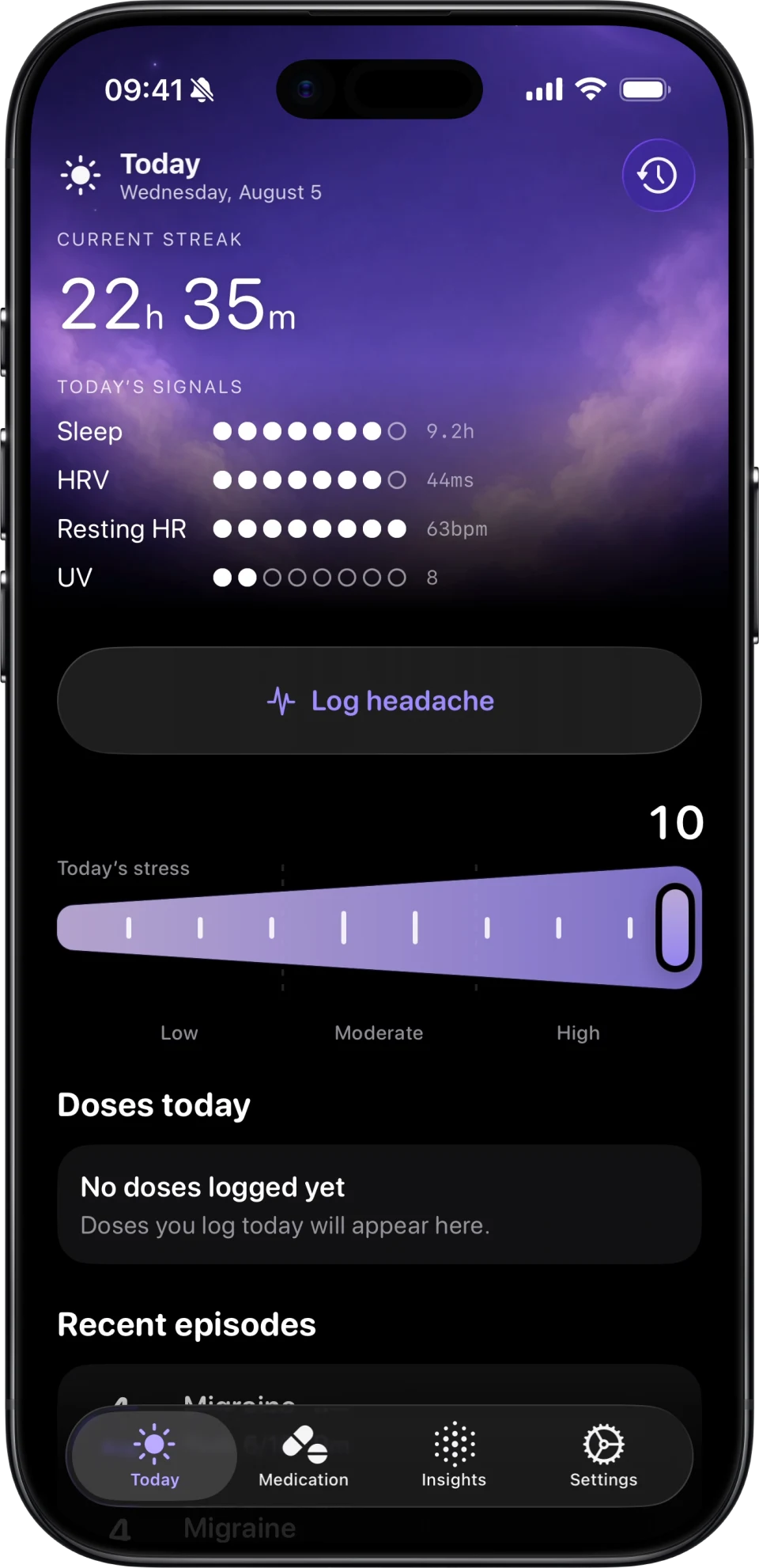 Aura Today screen in dark mode