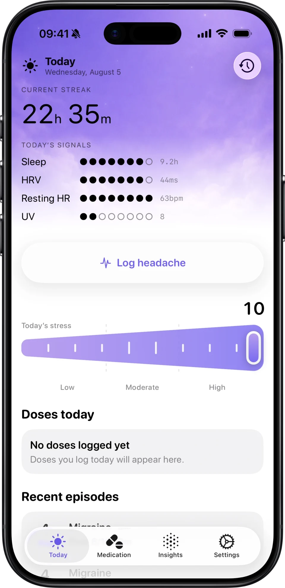 Aura Today screen showing daily signals and headache logging